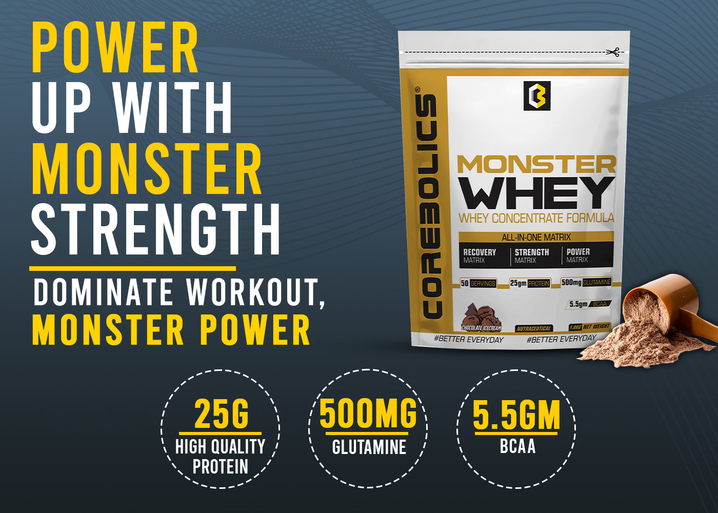 Corebolics Monster Whey - Whey Concentrate Formula 1.8 kg - (50 servings)
