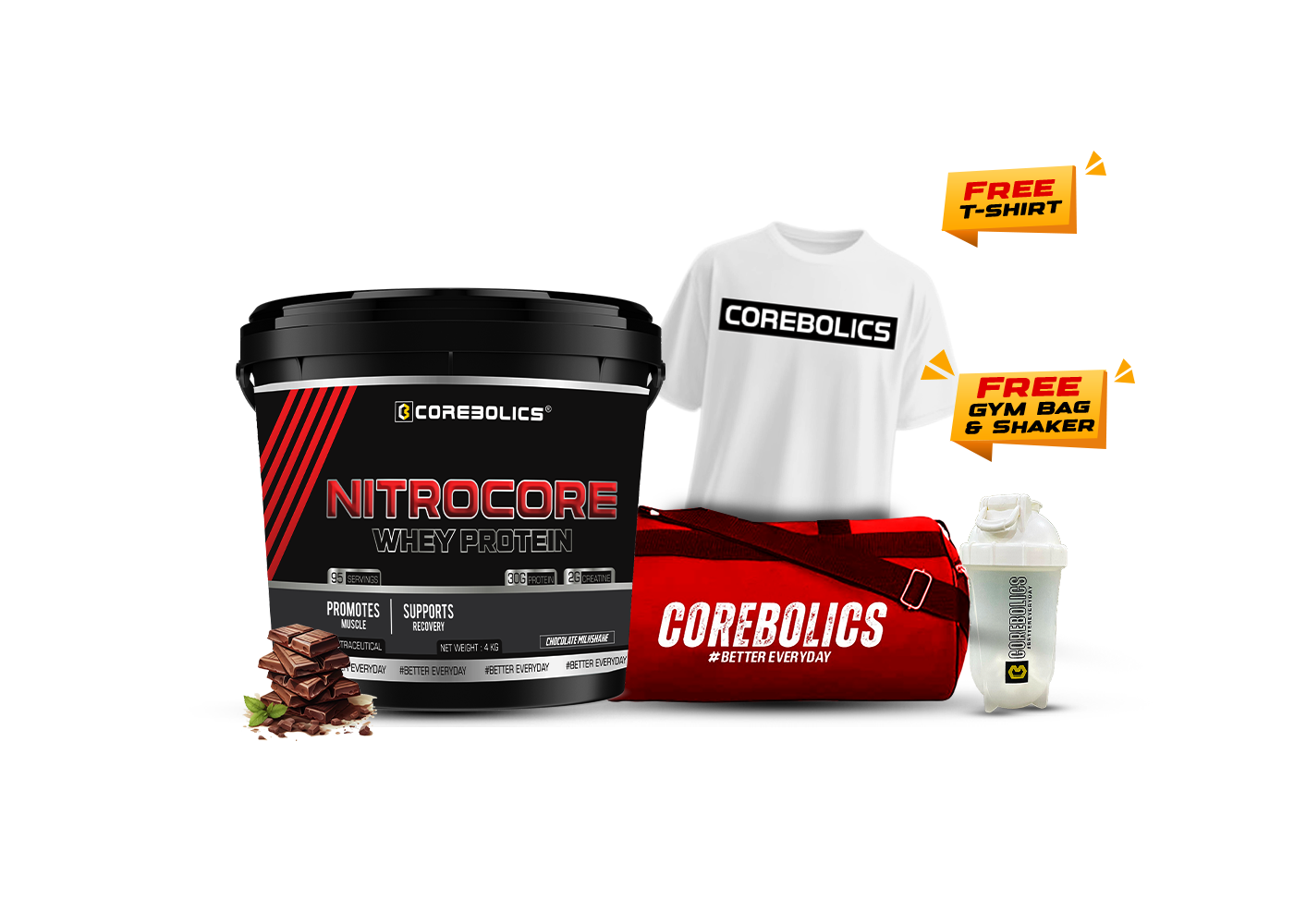 Corebolics Nitrocore Whey Protein ( 4kg, 95 Servings ) + FREE GYM BAG, SHAKER and T-Shirt