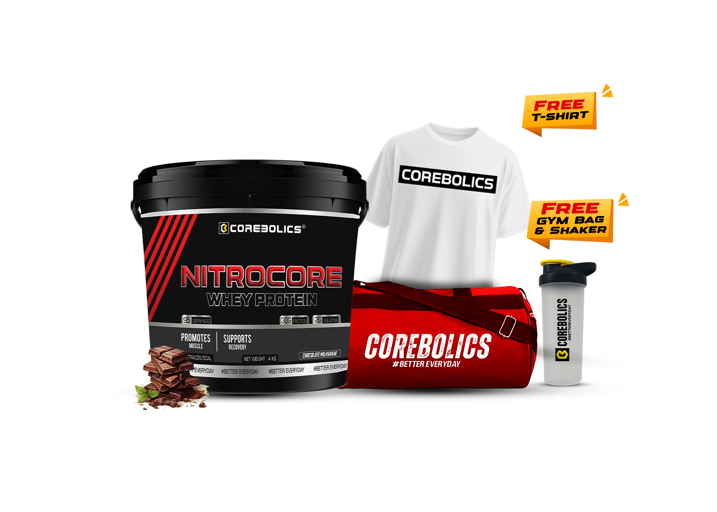 Corebolics nitrocore whey protein 4kg chocolate icecream flavor with t-shirt, bag & shaker