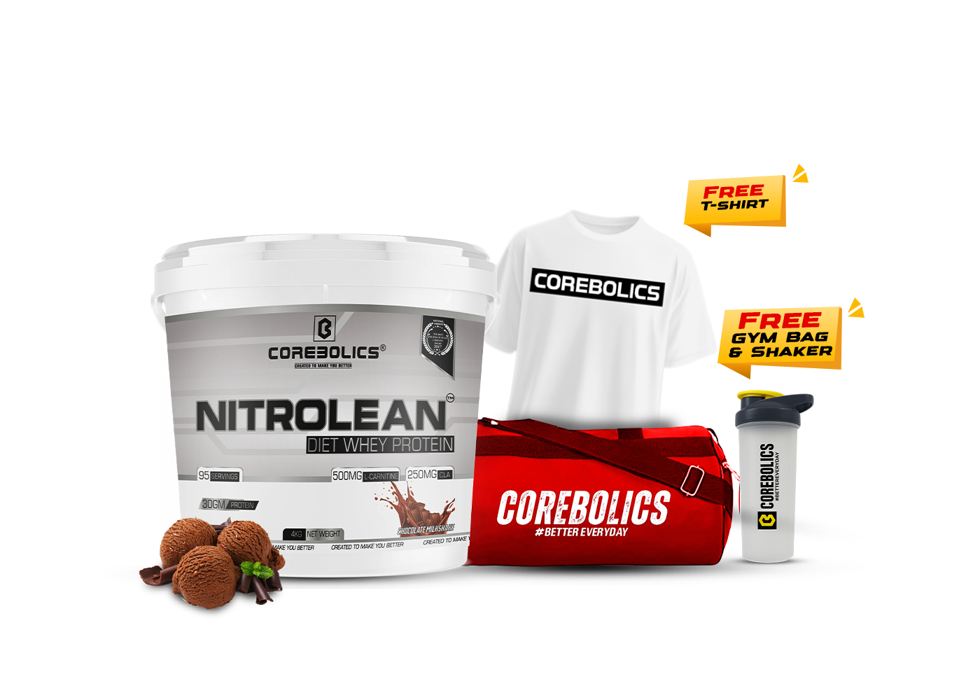 Corebolics nitrolean diet protein 4kg chocolate icecream flavor with t-shirt , bag & shaker