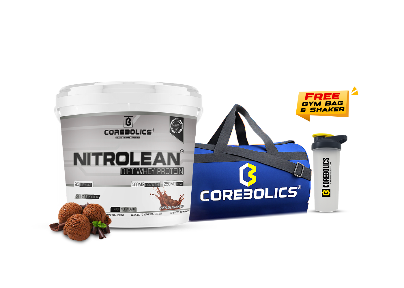 Corebolics Nitrolean - Diet Whey Protein (4kg, 95 Servings) + FREE GYM BAG And SHAKER