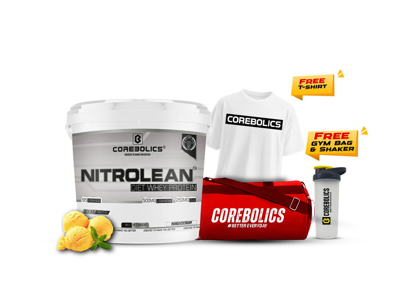 Corebolics nitrolean diet whey protein 4kg chocolate icecream flavor with , bag & shaker