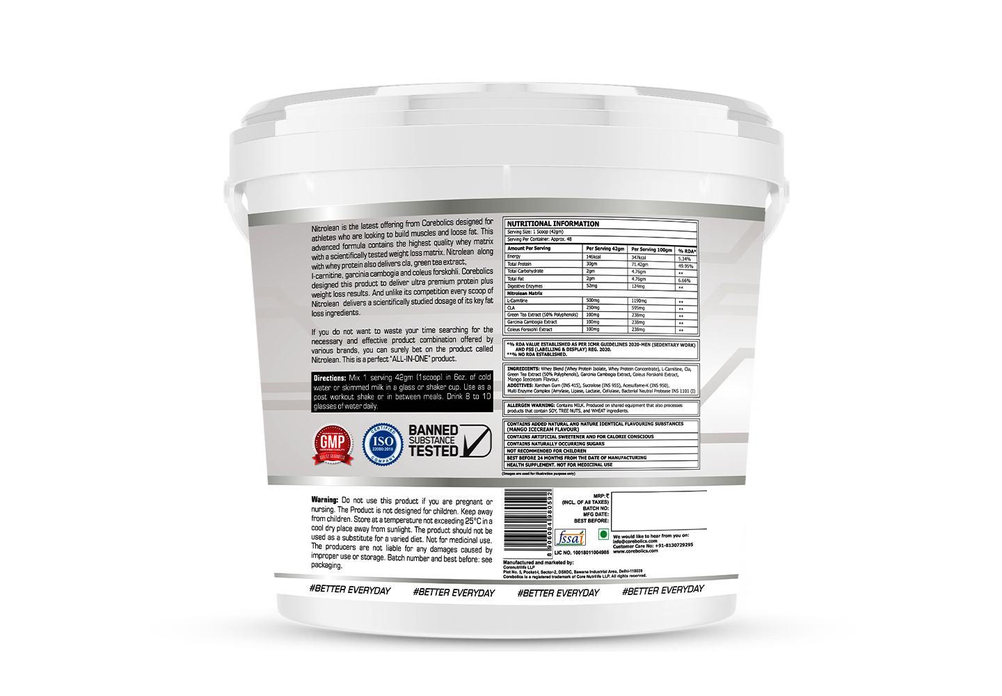 Corebolics Nitrolean - Diet Whey Protein (4kg, 95 Servings) + FREE GYM BAG And SHAKER