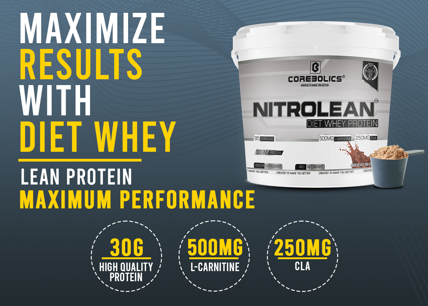 Corebolics Nitrolean - Diet Whey Protein (4kg, 95 Servings) + FREE GYM BAG And SHAKER
