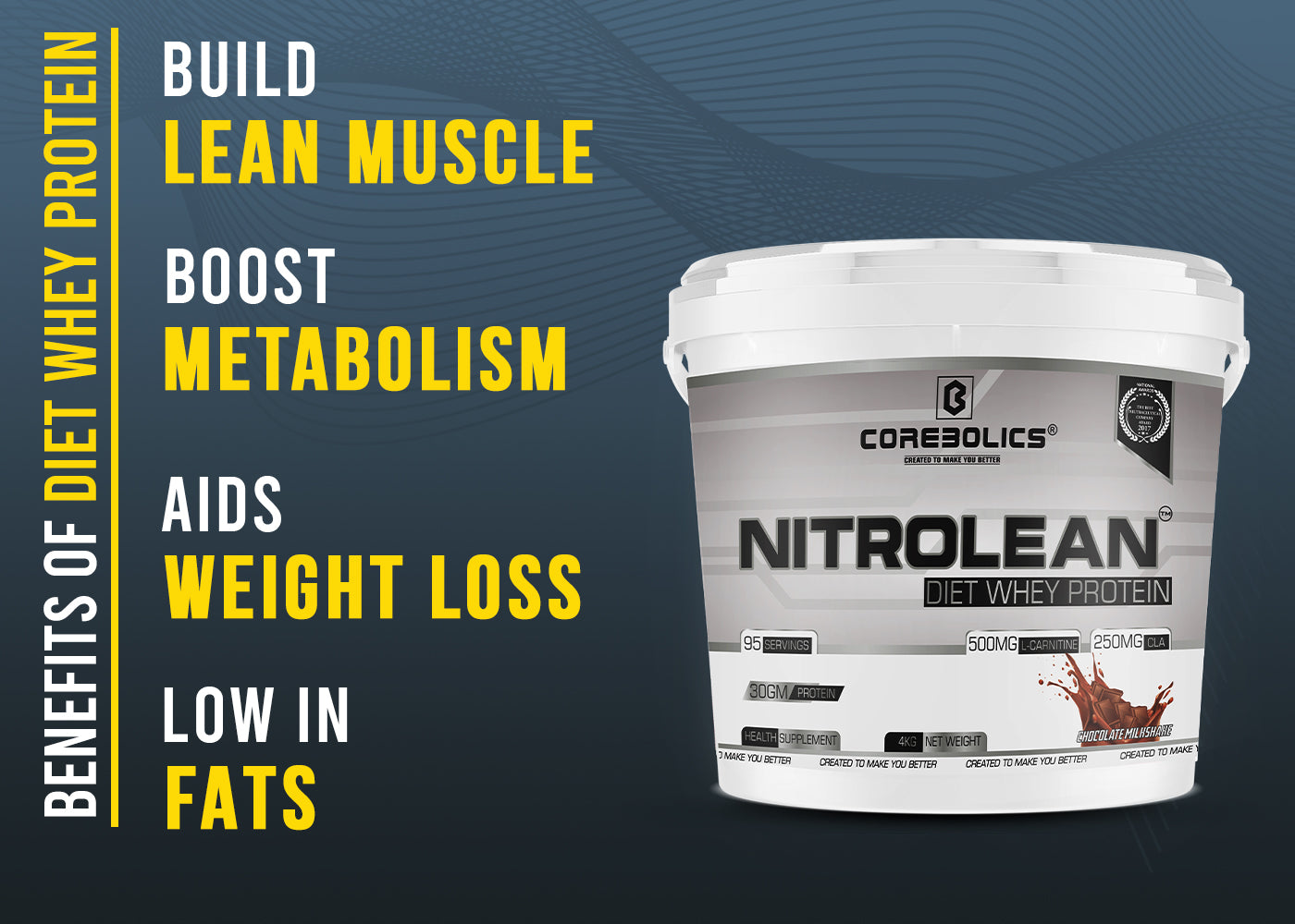 Corebolics Nitrolean - Diet Whey Protein (4kg, 95 Servings) + FREE GYM BAG And SHAKER