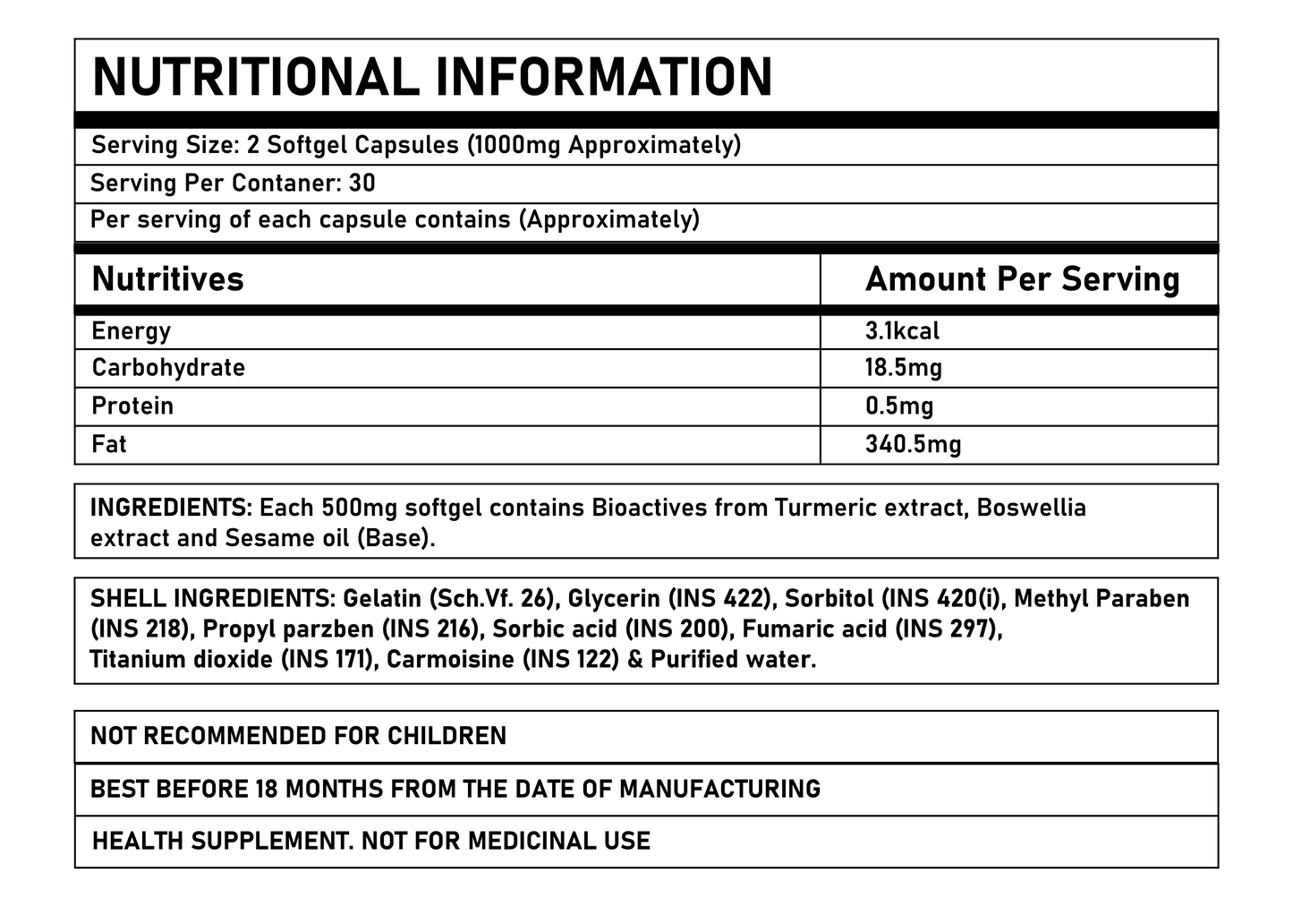 Corebolics No pain capsules nutritional information