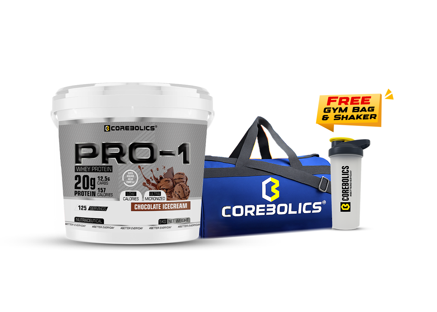 Corebolics Pro-1 Whey Protein ( 5kg, 125 Serving ) + FREE GYM BAG And SHAKER