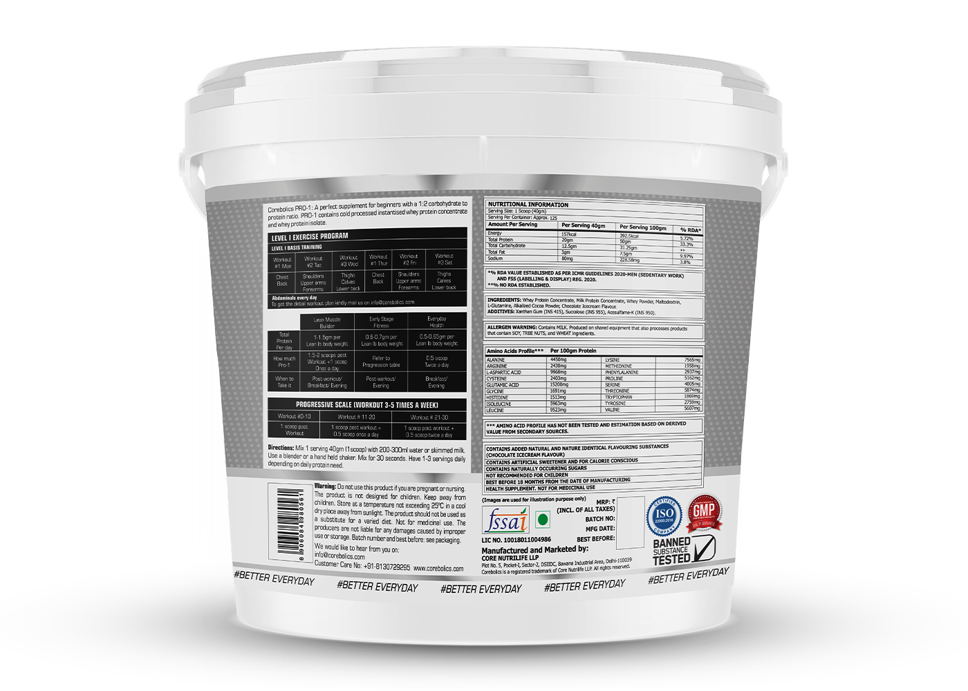 Corebolics Pro-1 Whey Protein ( 5kg, 125 Serving ) + FREE GYM BAG And SHAKER