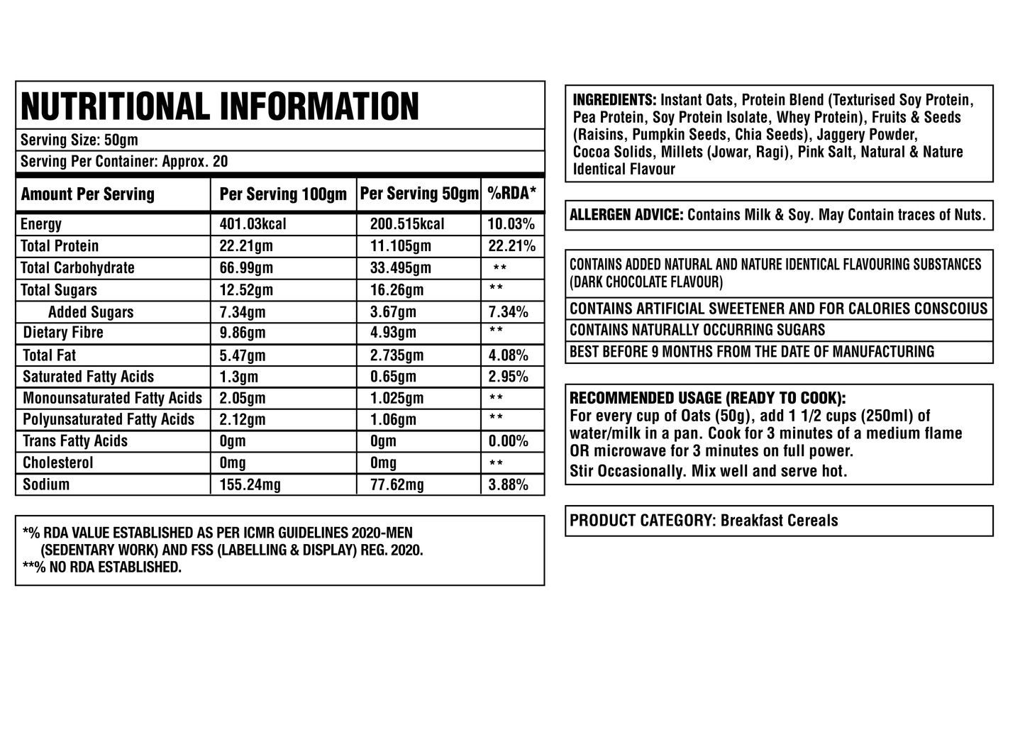 corebolics protein oatmeal nutrtional inforamation