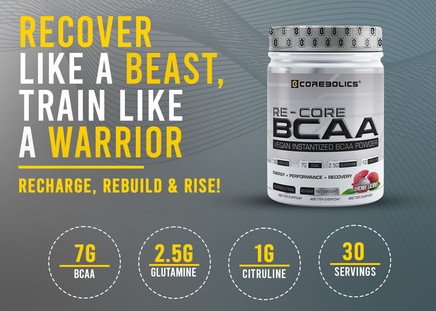 Corebolics Re-Core BCAA(450 gm, 30 Servings)