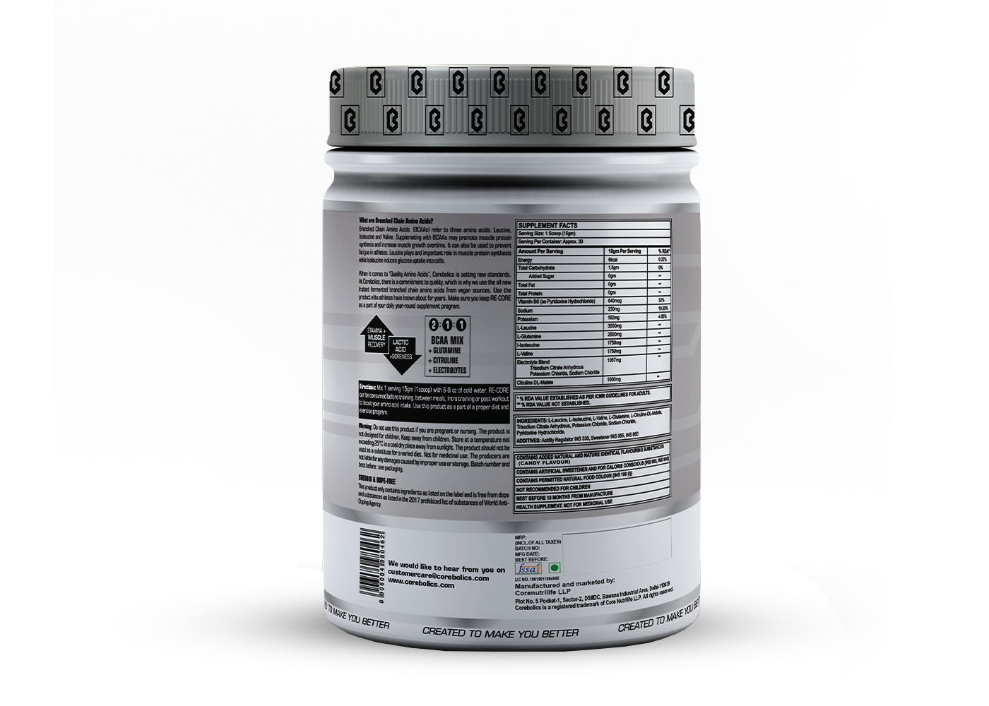 Corebolics Re-Core BCAA(450 gm, 30 Servings)