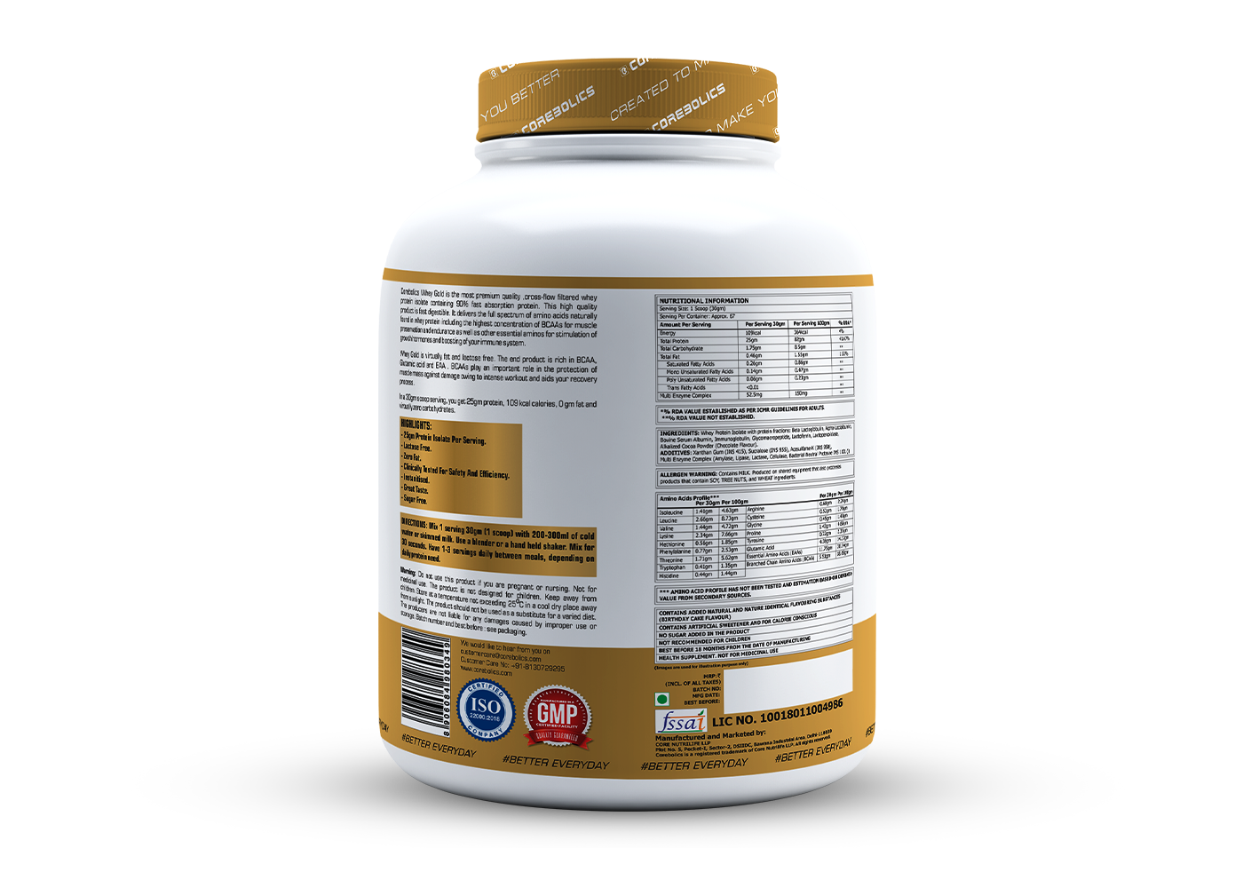 Corebolics Whey Gold - Isolate Protein (2 kg, 67 Servings) + FREE T-Shirt