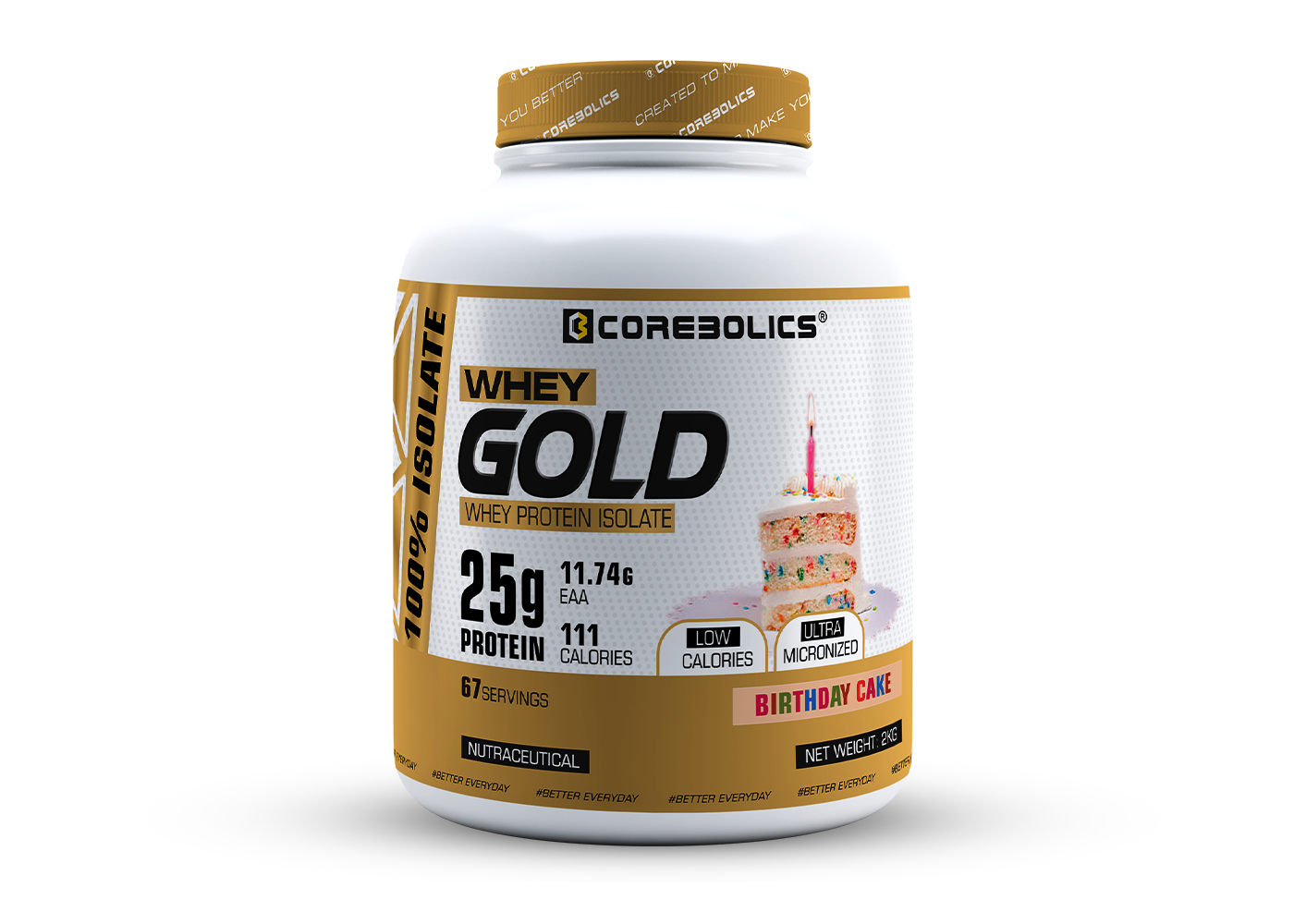 Corebolics Whey Gold - Isolate Protein (2 kg, 67 Servings) + FREE Sample And Protein Bar