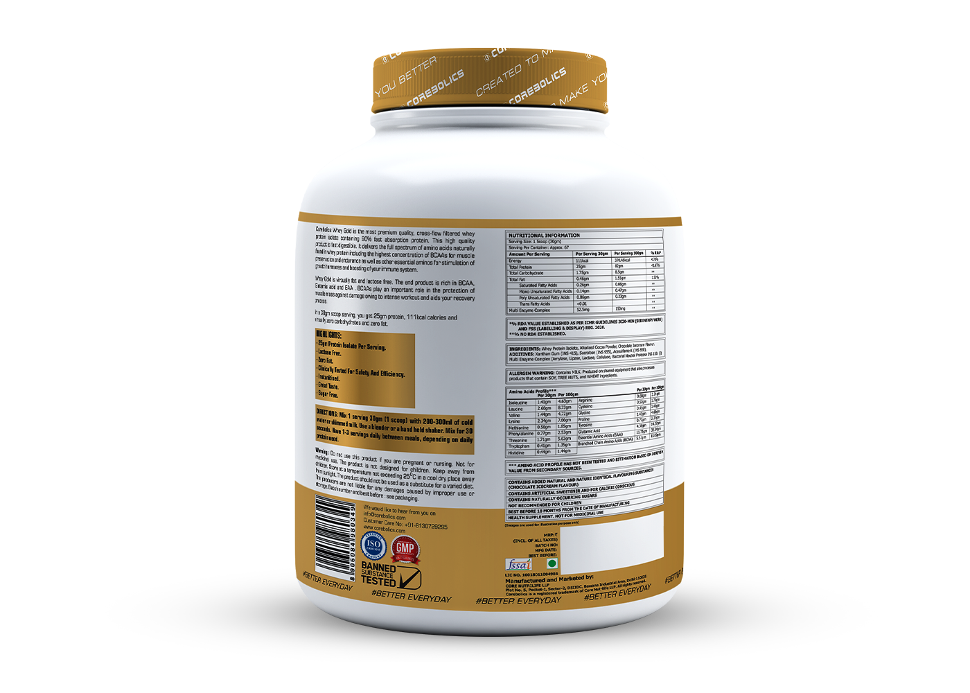 Corebolics Whey Gold - Isolate Protein (2 kg, 67 Servings) + FREE T-Shirt