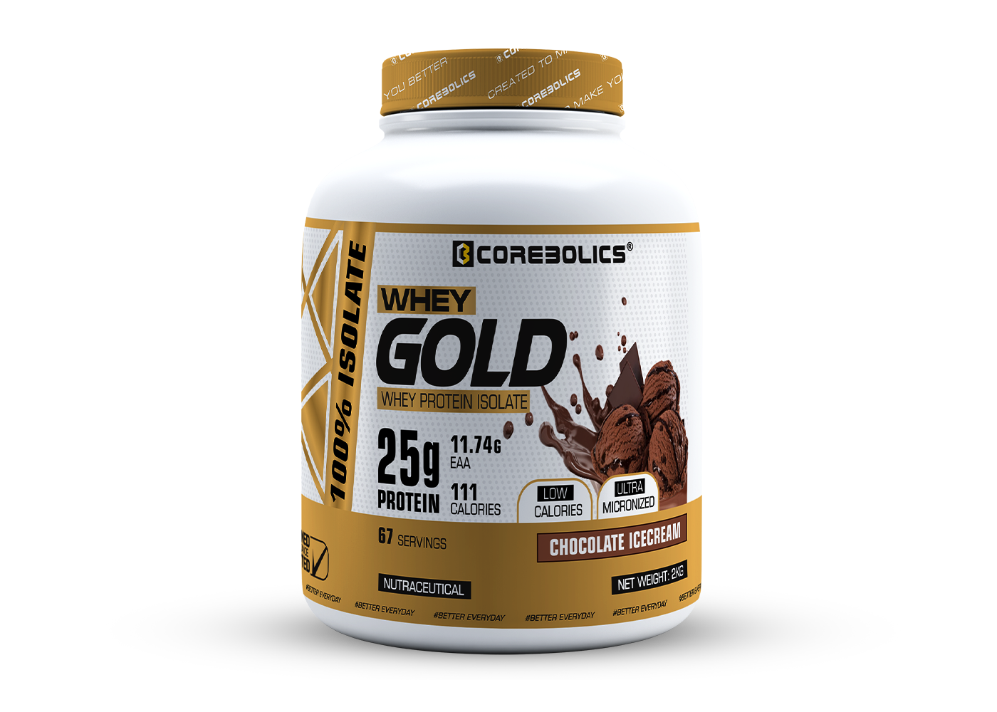 Corebolics Whey Gold - Isolate Protein (2 kg, 67 Servings) + FREE Sample And Protein Bar