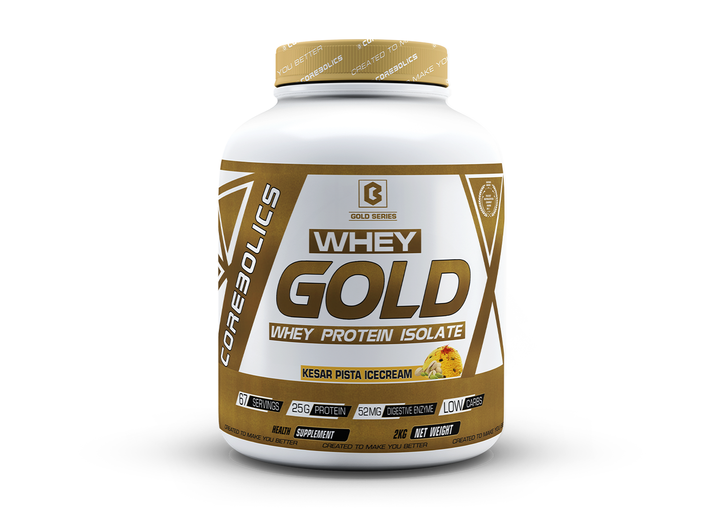 Corebolics Whey Gold - Isolate Protein (2 kg, 67 Servings) + FREE Sample And Protein Bar
