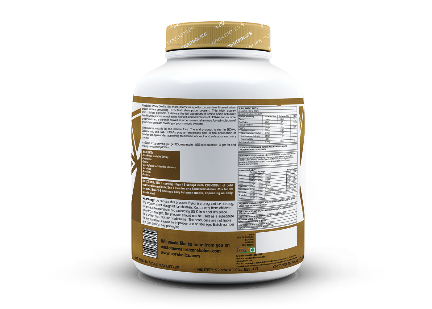 Corebolics Whey Gold - Isolate Protein (2 kg, 67 Servings) + FREE T-Shirt