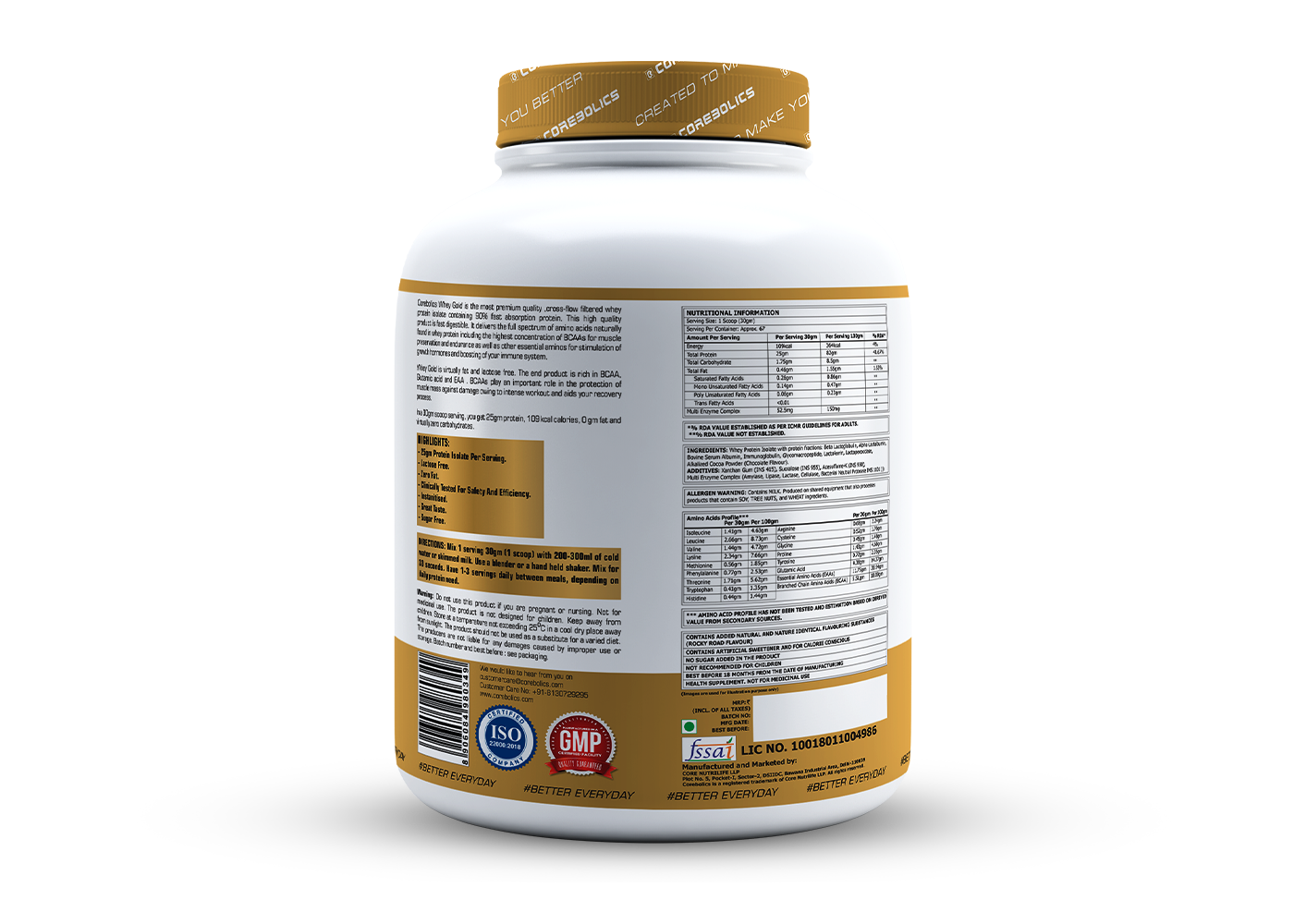 Corebolics Whey Gold - Isolate Protein (2 kg, 67 Servings) + FREE T-Shirt