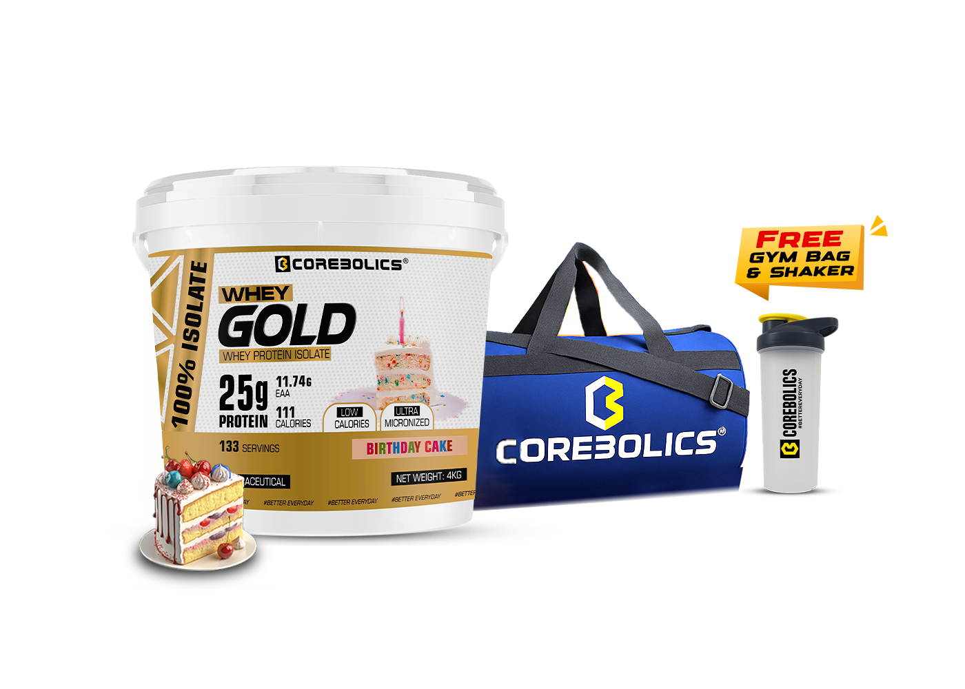 Corebolics Whey Gold - Isolate Protein( 4 kg, 133 Servings ) + FREE GYM BAG And Shaker