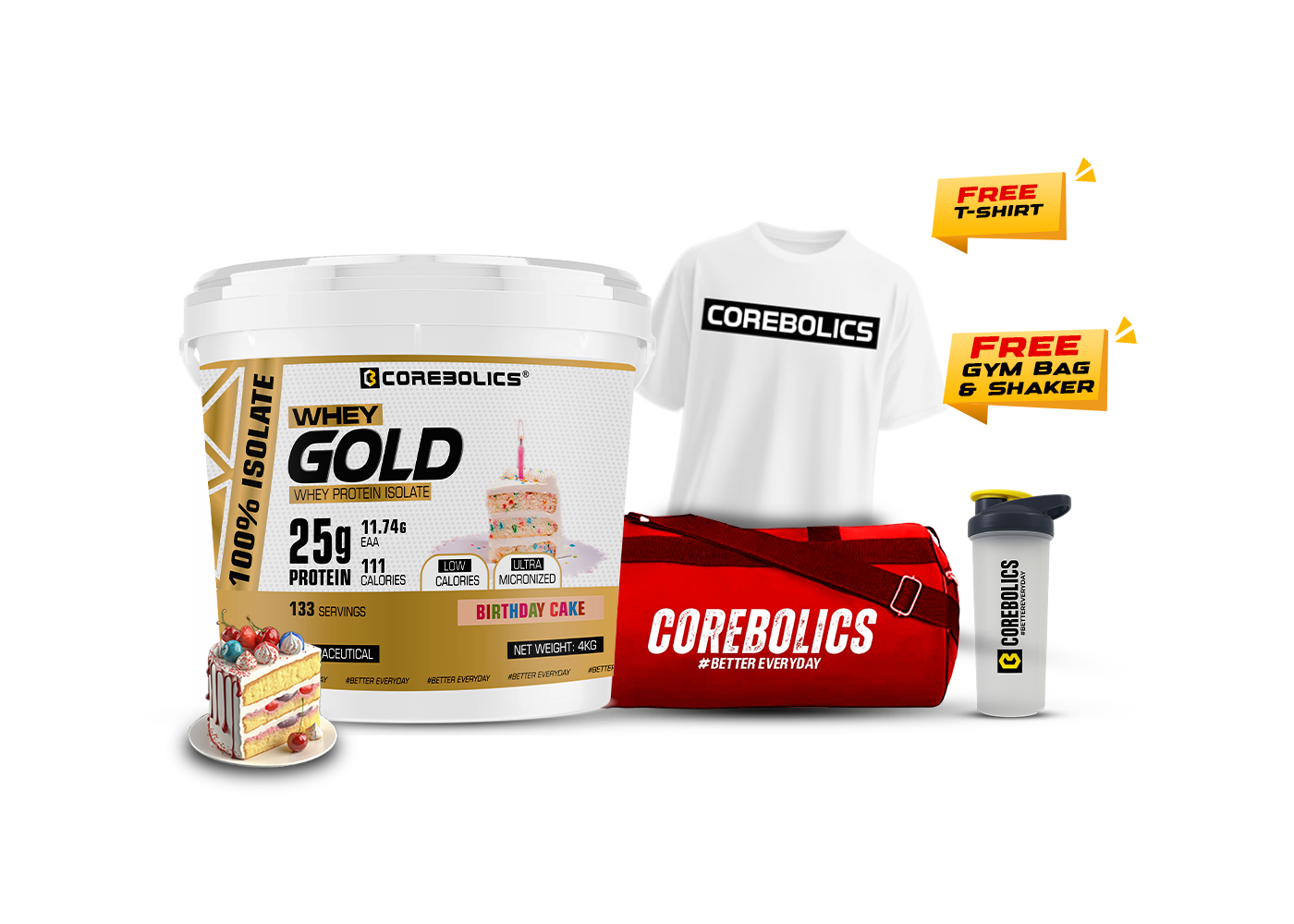 Corebolics whey gold whey protein isolate 4kg with free t-shirt , bag & shaker