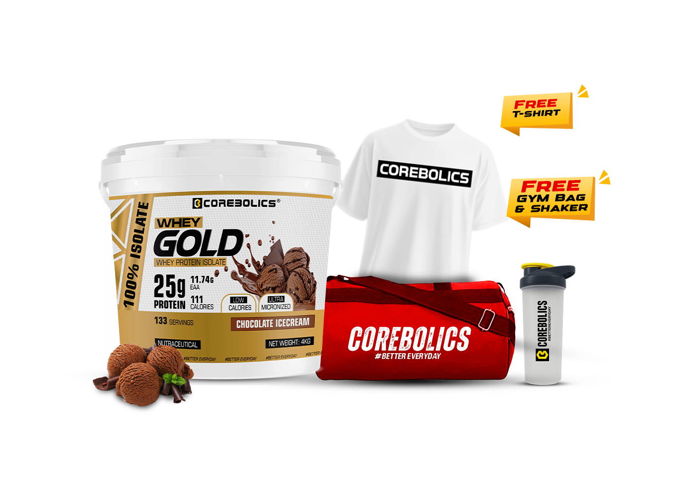 Corebolics whey gold whey protein isolate 4kg chocolate icecream flavor with free t-shirt , bag & shaker