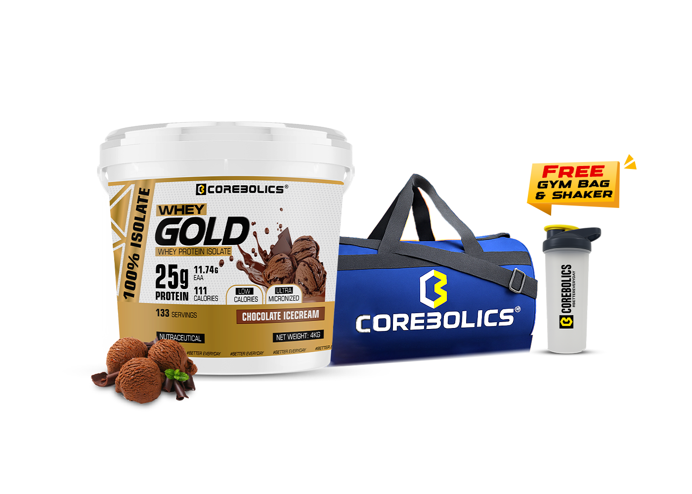 Corebolics Whey Gold - Isolate Protein( 4 kg, 133 Servings ) + FREE GYM BAG And Shaker