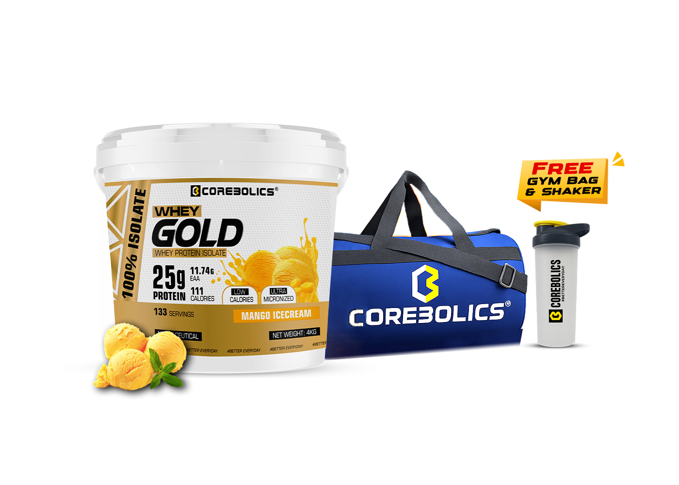 Corebolics Whey Gold - Isolate Protein( 4 kg, 133 Servings ) + FREE GYM BAG And Shaker