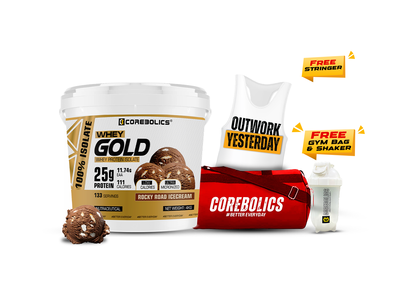 Corebolics Whey Gold - Isolate Protein( 4 kg, 133 Servings ) + FREE GYM BAG, Shaker and T-Shirt