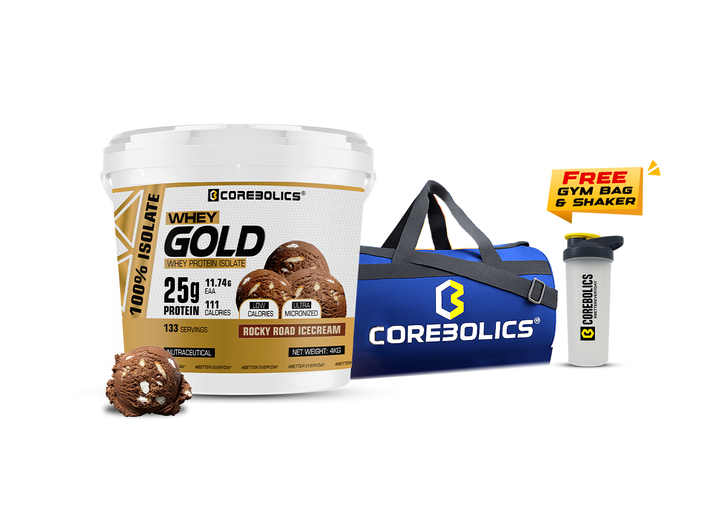 Corebolics Whey Gold - Isolate Protein( 4 kg, 133 Servings ) + FREE GYM BAG And Shaker