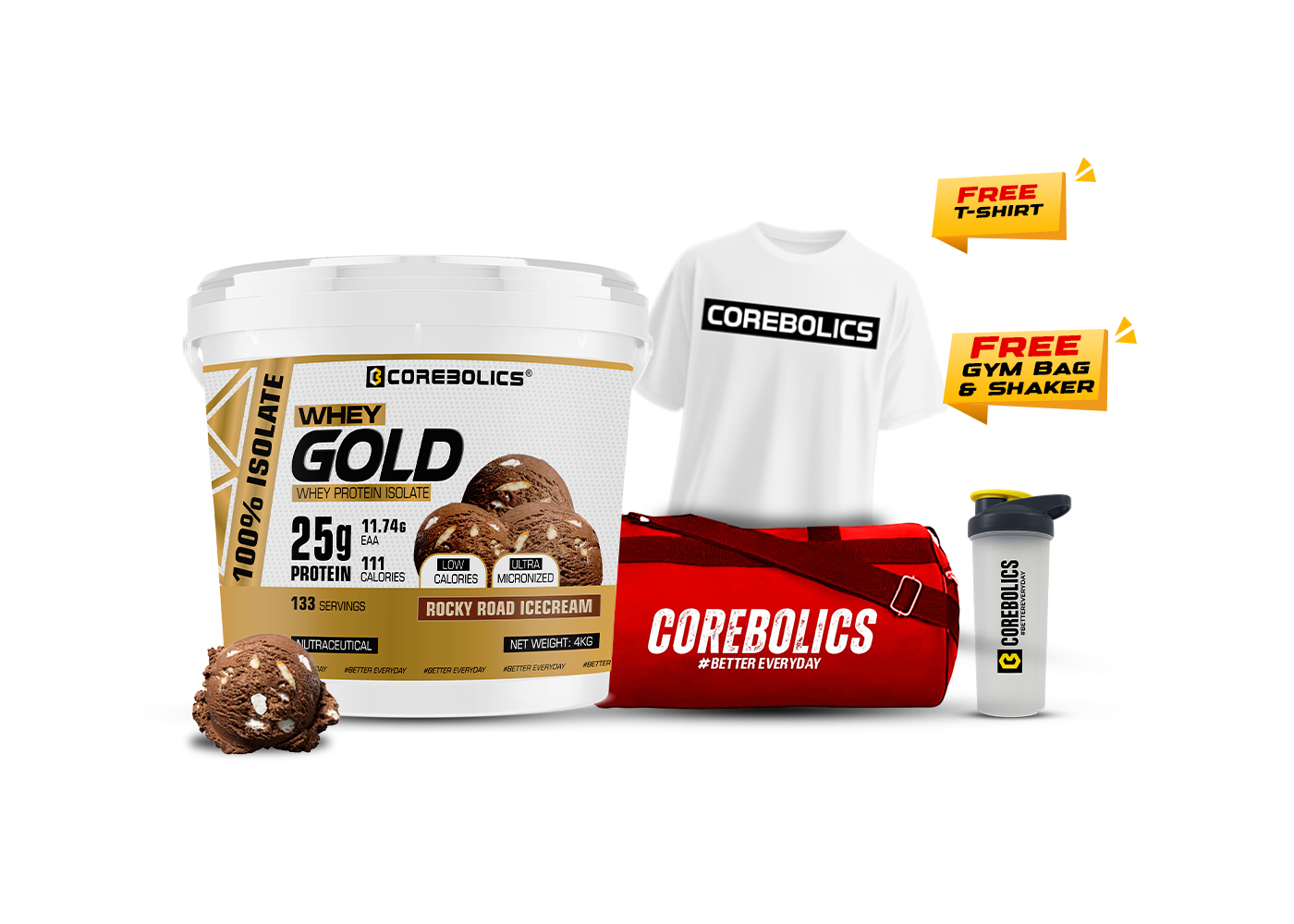 Corebolics whey gold whey protein isolate 4kg rocky road icecream flavor with free t-shirt , bag & shaker