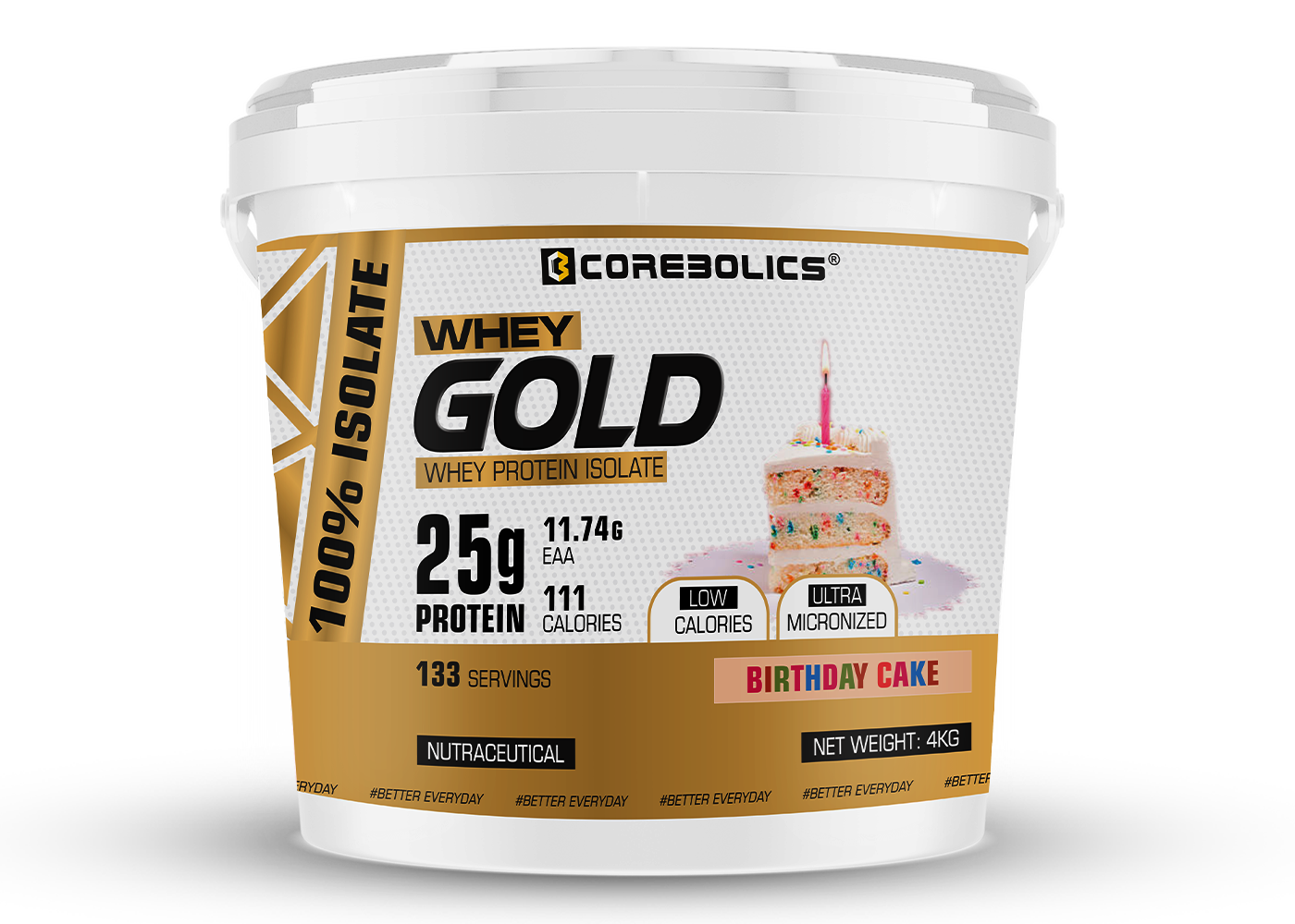 Corebolics Whey Gold - Isolate Protein( 4 kg, 133 Servings ) + FREE GYM BAG And Shaker