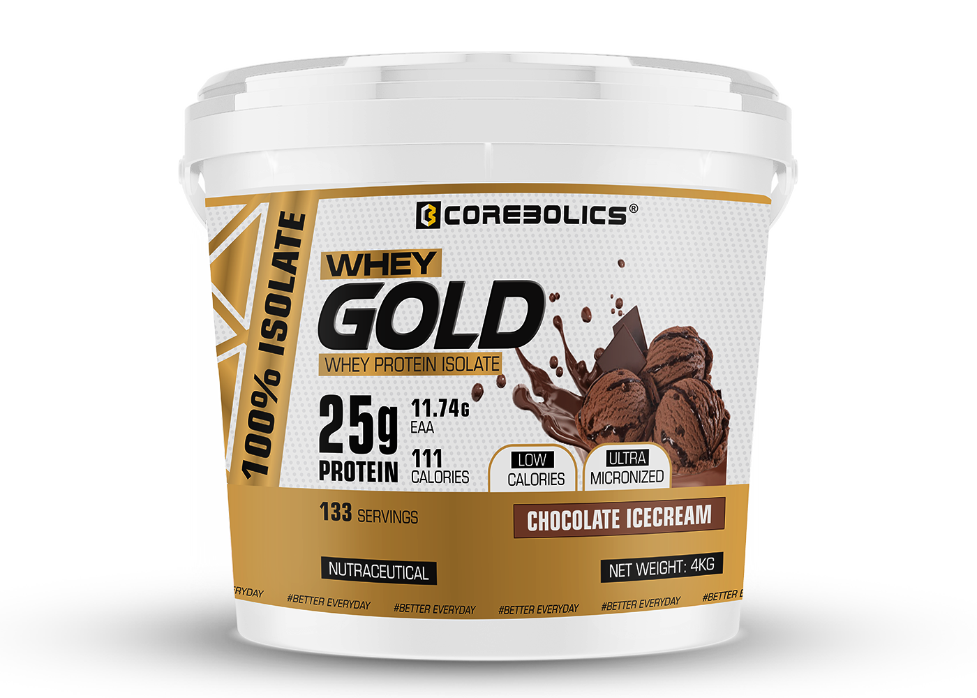 Corebolics Whey Gold - Isolate Protein( 4 kg, 133 Servings ) + FREE GYM BAG And Shaker