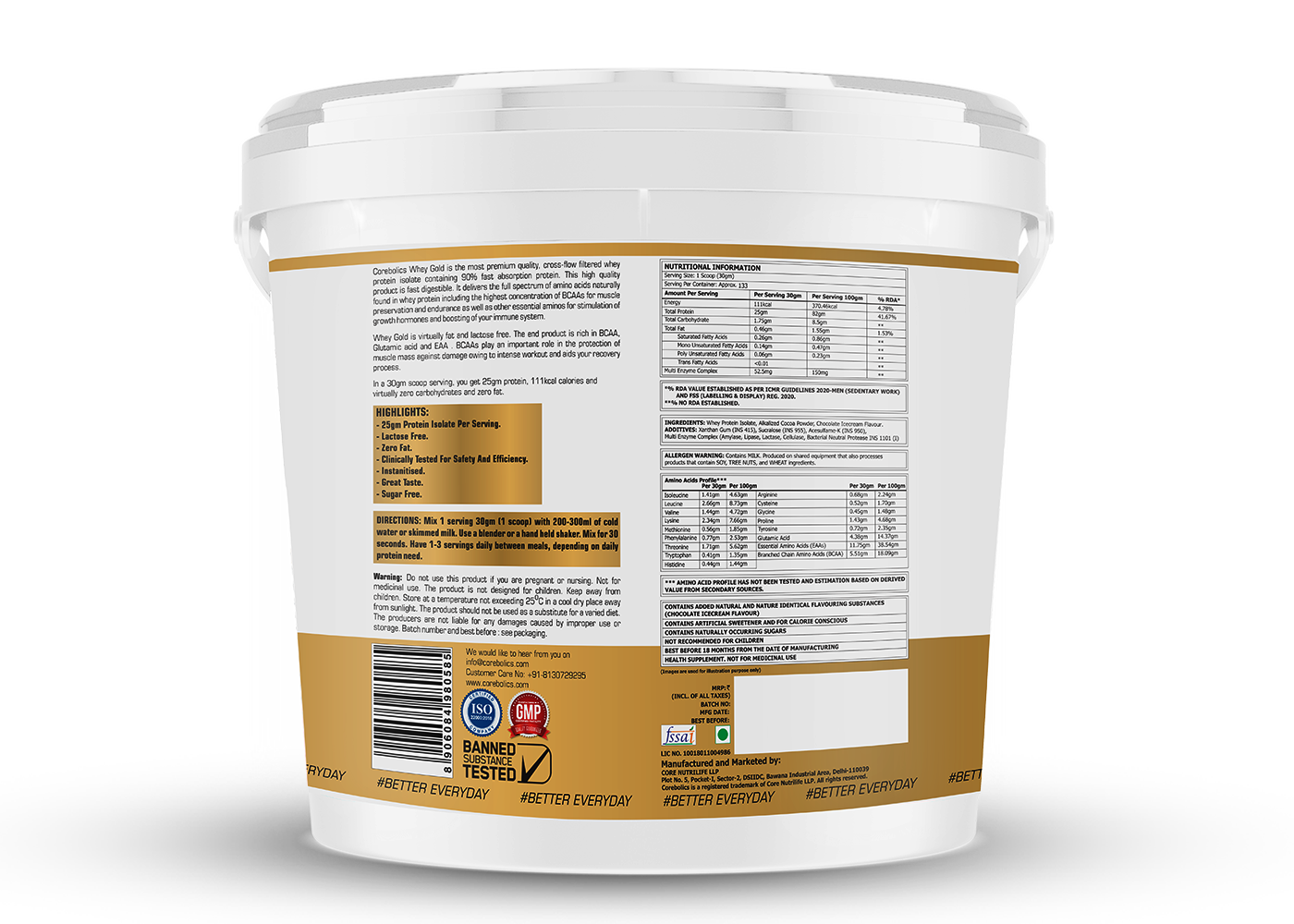 Corebolics Whey Gold - Isolate Protein( 4 kg, 133 Servings ) + FREE GYM BAG And Shaker