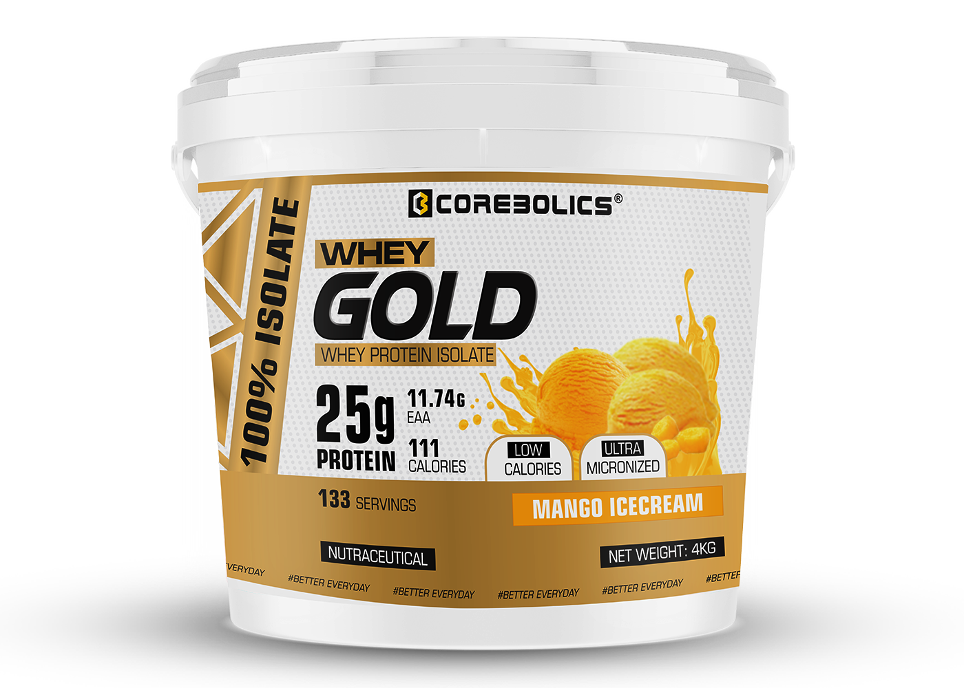 Corebolics Whey Gold - Isolate Protein( 4 kg, 133 Servings ) + FREE GYM BAG And Shaker