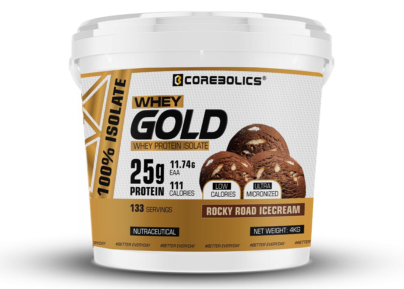 Corebolics Whey Gold - Isolate Protein( 4 kg, 133 Servings ) + FREE GYM BAG And Shaker