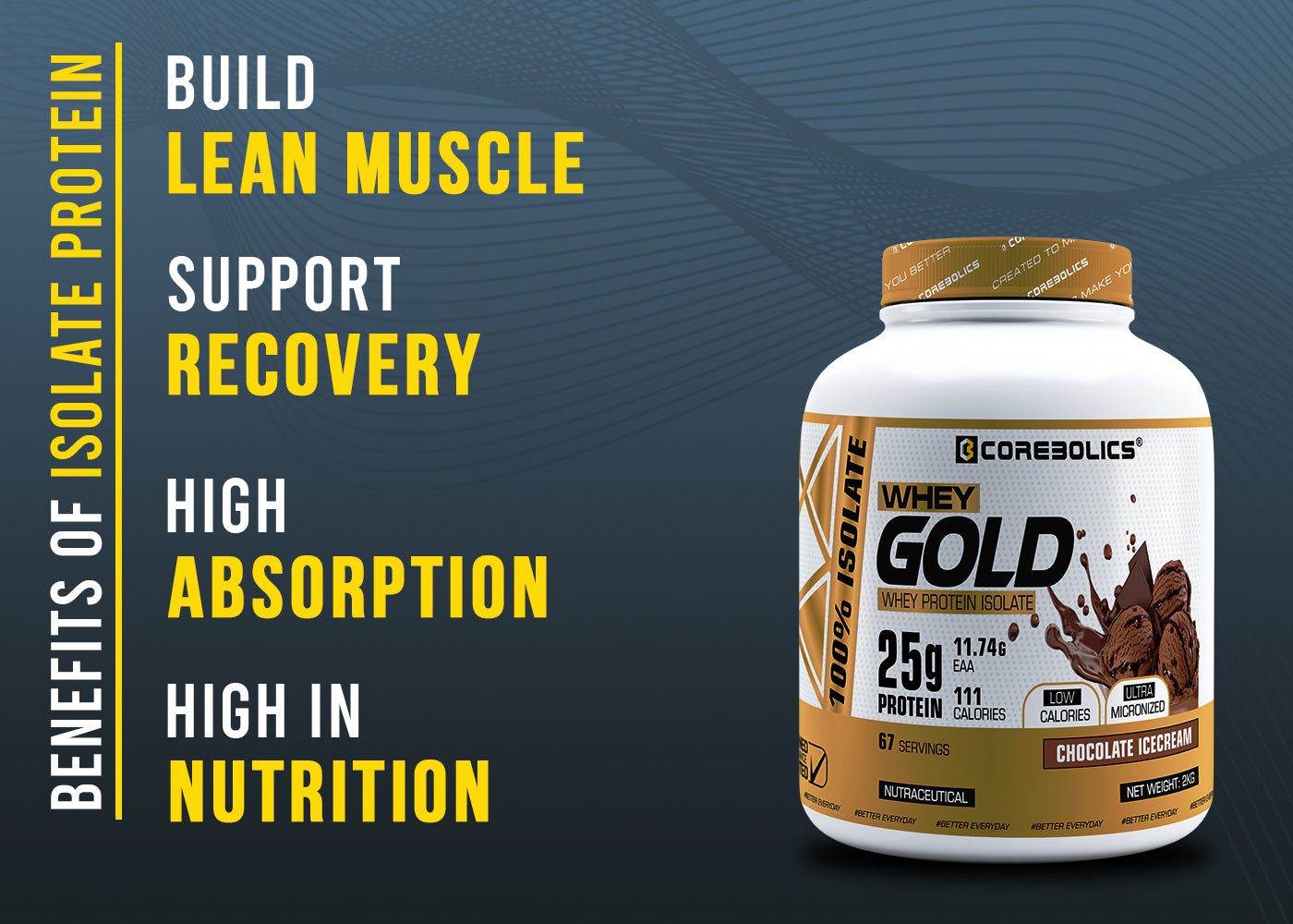 Corebolics Whey Gold - Isolate Protein (2 kg, 67 Servings) + FREE T-Shirt