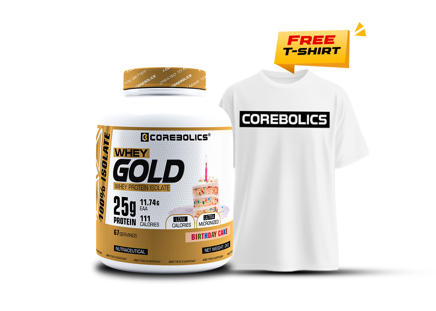 Corebolics Whey Gold - Isolate Protein (2 kg, 67 Servings) + FREE T-SHIRT