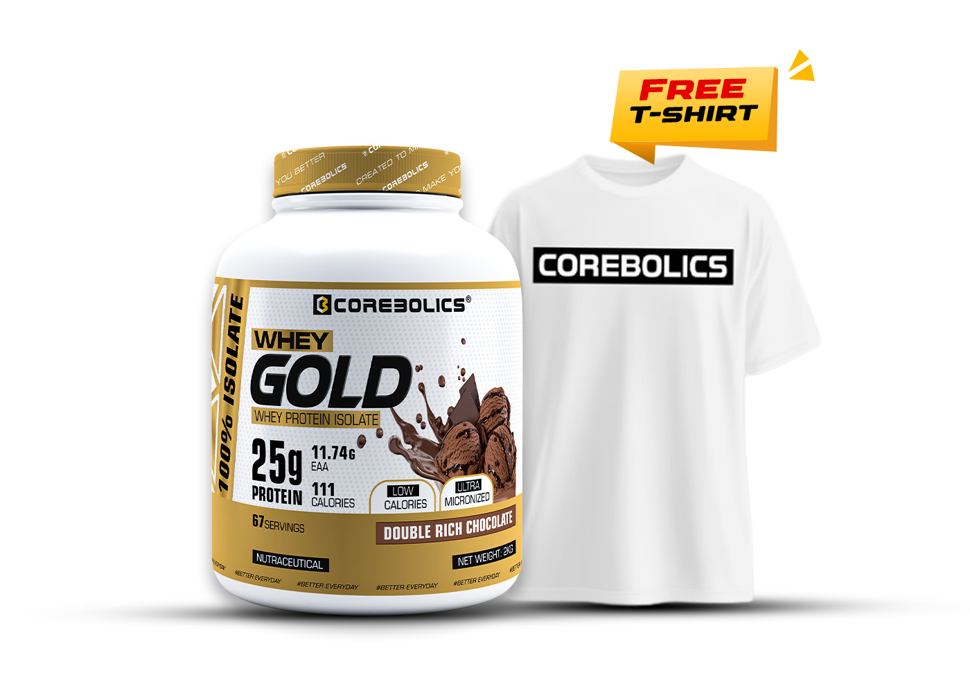 Corebolics Whey Gold - Isolate Protein (2 kg, 67 Servings) + FREE T-SHIRT