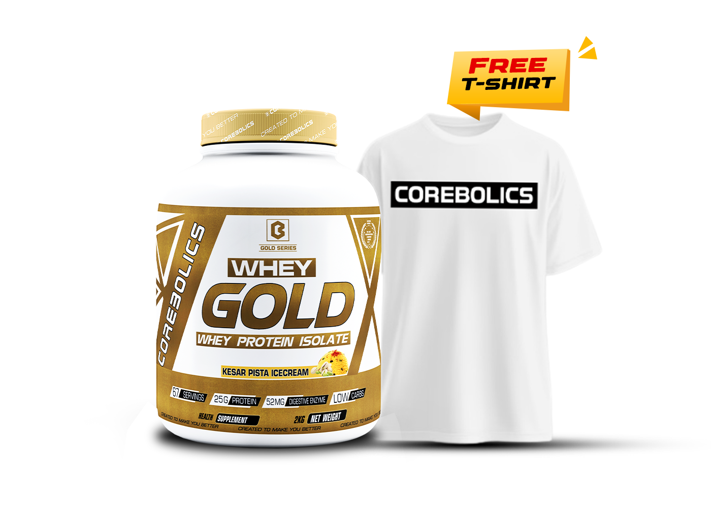 Corebolics Whey Gold - Isolate Protein (2 kg, 67 Servings) + FREE T-SHIRT