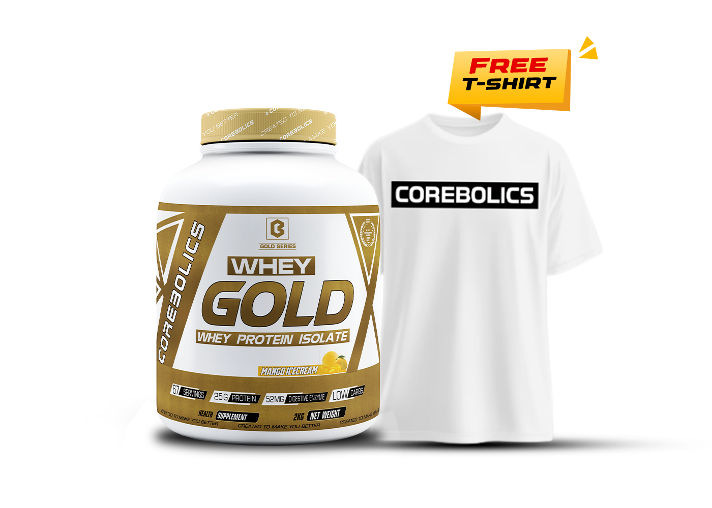 Corebolics Whey Gold - Isolate Protein (2 kg, 67 Servings) + FREE T-SHIRT