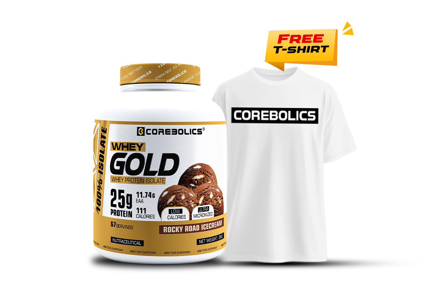 Corebolics Whey Gold - Isolate Protein (2 kg, 67 Servings) + FREE T-SHIRT