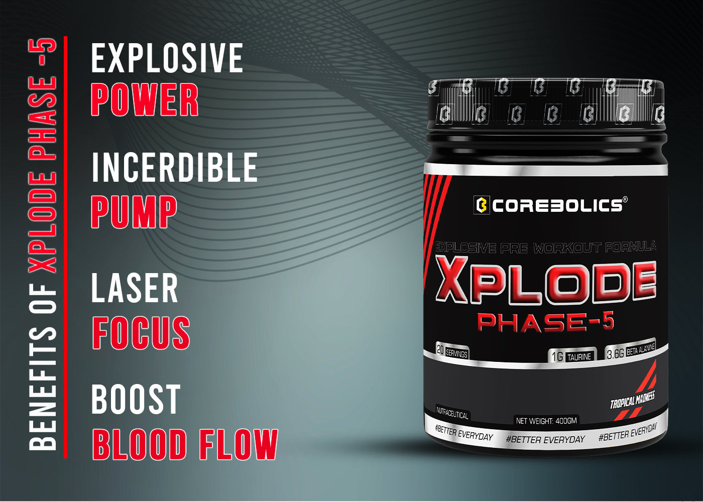 Corebolics Xplode Phase-5 (Tropical Madness, 400gm, 20 Servings) + Free T-shirt