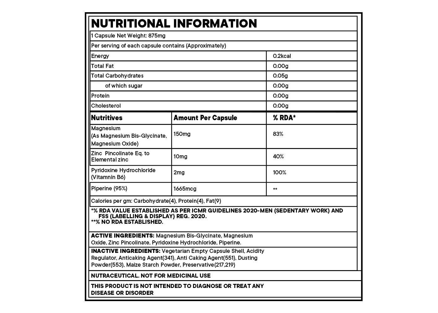 Corebolics ZMA Nutritional Information