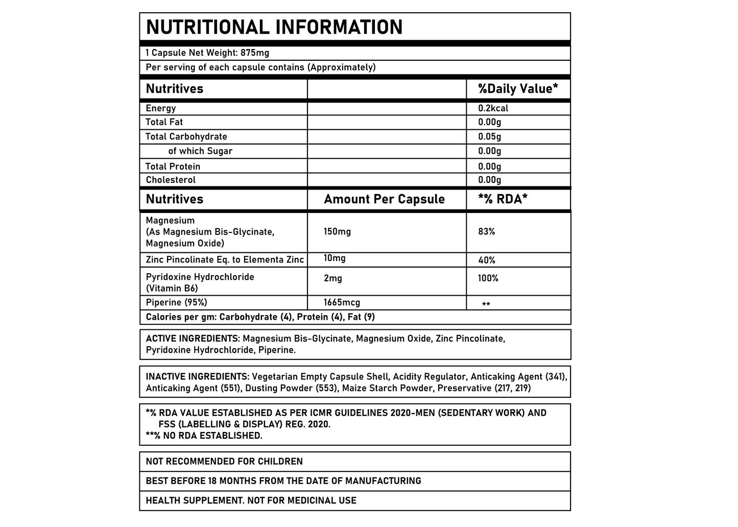 Corebolics ZMA capsules nutritional information