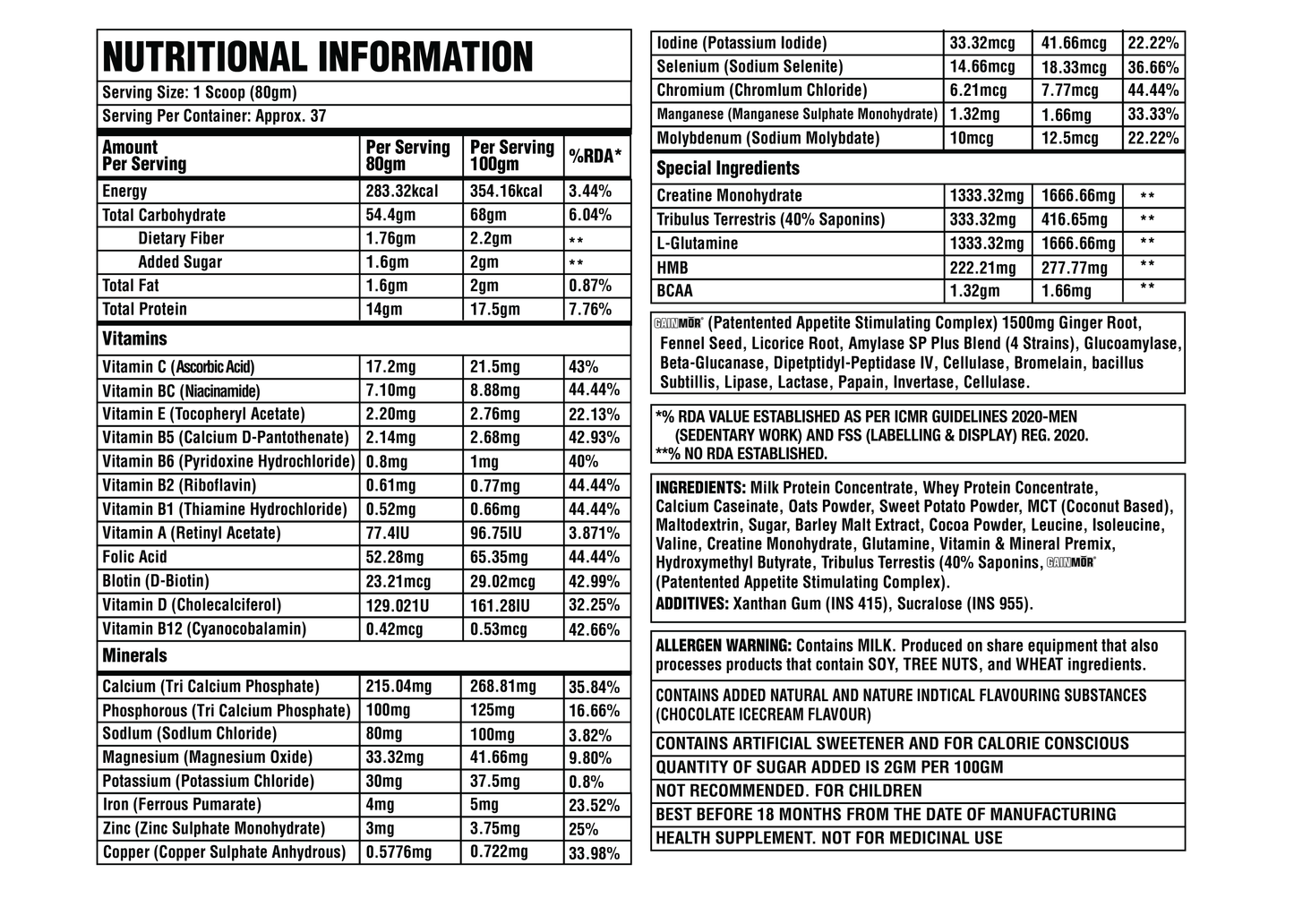 Cocrebolics nutritional information