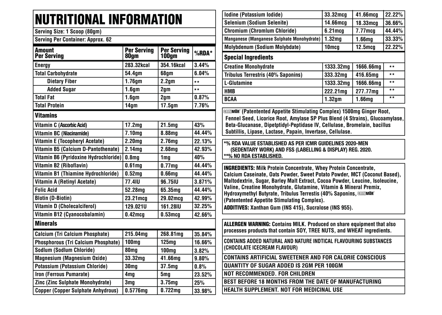 Cocrebolics nutritional information