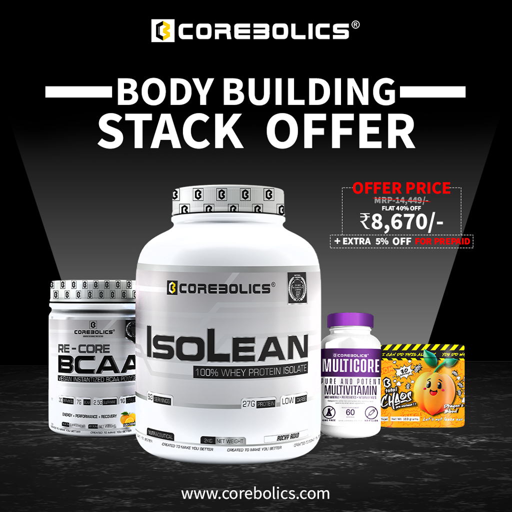 STACK OFFER ISOLEAN WHEY PROTEIN ISOLATE + RE-CORE BCAA + TOTAL CHAOS PRE-WORKOUT + MULTICORE (PURE & POTENT MULTIVITAMIN)