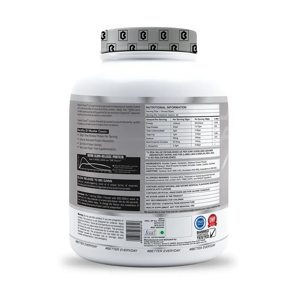 Corebolics Micellar Casein Ultra-Slow Release Protein (Chocolate, 2 kg, 60 Servings) + FREE T-SHIRT