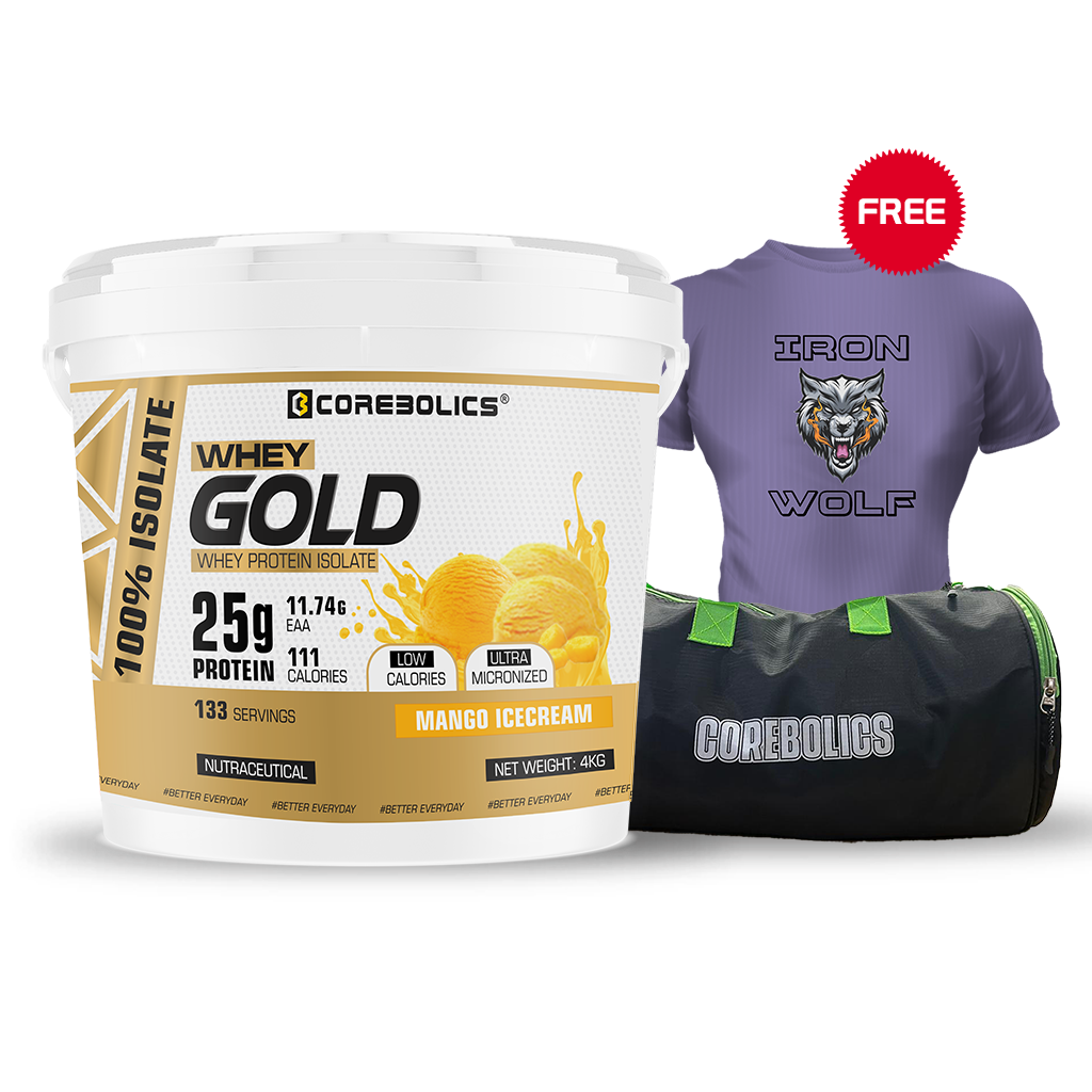 Corebolics Whey Gold - Isolate Protein(4 kg, 133 Servings) + FREE GYM BAG and T-SHIRT