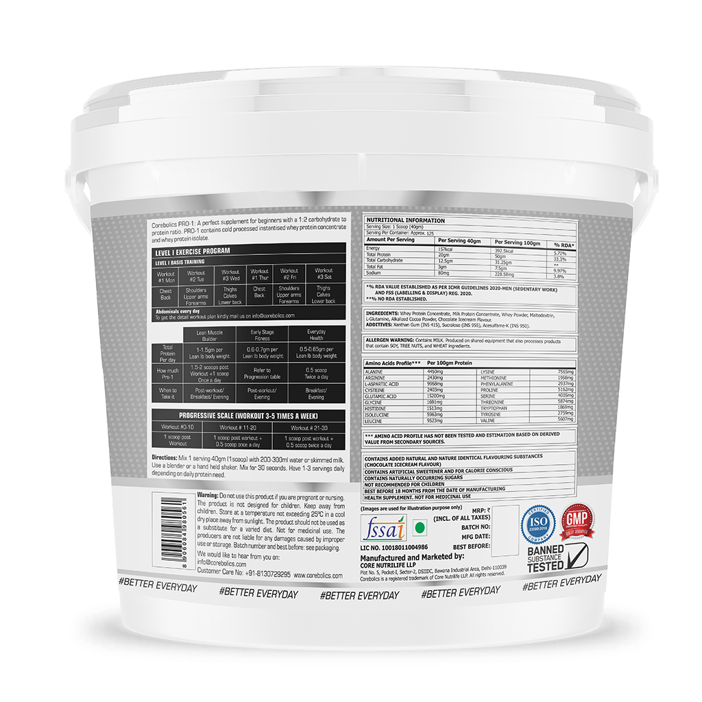 Corebolics Pro-1 Whey Protein (5 kg, 125 Serving) + FREE GYM BAG, SHAKER And T-Shirt